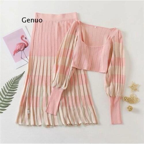 Women Chic Fashion Patchwork Cropped Knitted Tops Pleated Elastic Waist Midi Skirts Female Sets Mujer
