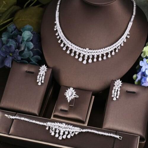 Janekelly 4pcs Bridal Zirconia Full Jewelry Sets For Women Party, Luxury Dubai Nigeria CZ Crystal Wedding Jewelry Sets