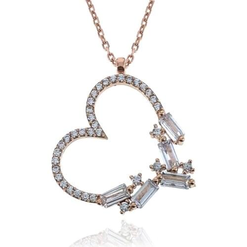 Zircon Stone 925 K Silver Rose Heart Woman Necklace