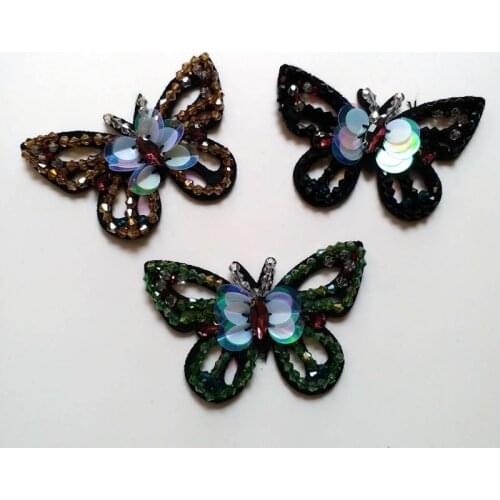 1pc 3D butterfly Handmade rhinestone beaded Patches DIY sew on parches for clothes embroidery flower sequins appliques