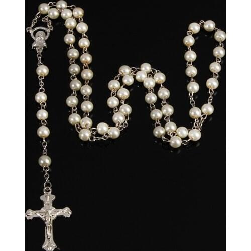 12pcs / 6mm Catholic crystal white pearl long chain, Santa Maria center rosary pearl baptism necklace, Christian jewelry necklac