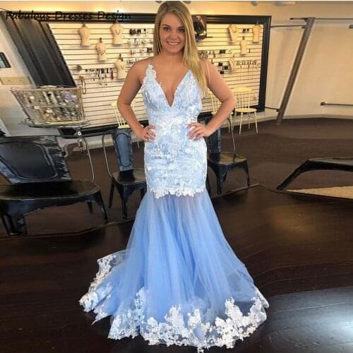 2021 Light Blue Mermaid Prom Dresses Lace Applique Lace Spaghetti Strap V-neck Evening Dress Party For Women вечерние платья