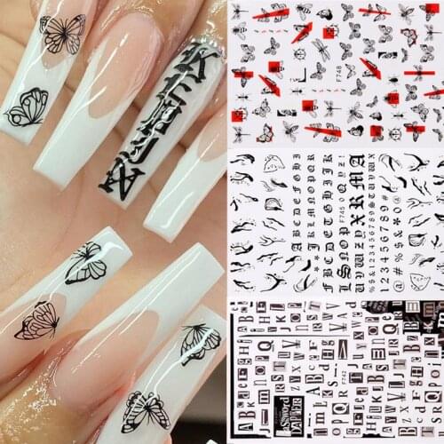 Black Butterfly 3D Nails Art Sticker Letter Number Leaf Flower Design Adhesive Transfer Decals Nail Tips Decorations Manicure