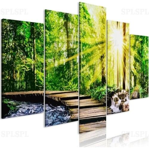 5 Pieces Abstract Wall Art Pure Canvas Green Landscape Prints Painting Modular Pictures for Living Room Home Decor