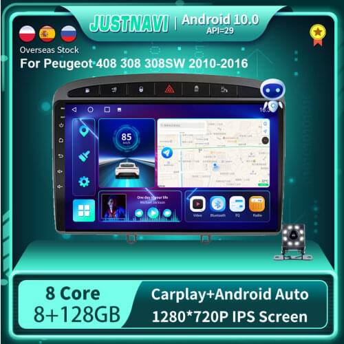 Grey 6G 128G Android 10.0 Car Multimedia Radio Player For Peugeot 408 308 308SW 2010-2016 GPS Stereo DSP Carplay OBD BT Rear Cam