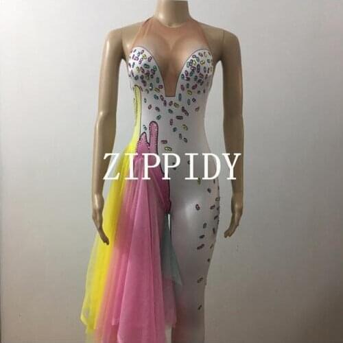 Sparkly Colorful Rhinestones women Bodysuit Female Singer Stage Wear Skirt Dance WEAR Party Stretch Jumpsuit Outfit
