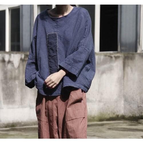 Women Cotton Linen Patchwork T-shirt Tops Ladies Vintage Spliced Cotton Flax Tees Tops Female Tee Shirt 2021 Spring Autumn