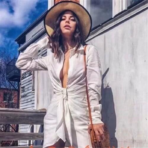 Deep V Neck Sexy Shirt Dress Special Interest Design Kendall Mini Dress Women Irregularity Pleated Vocation Style White Dress