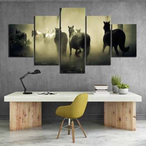 Canvas Painting Modern Nature Scenery 5 Panel Horses Group Running Printed Poster Wall Art for Living Room Home Decor Picture
