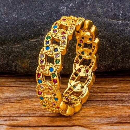 New Fashionable Lovely Copper Rainbow Ring Cubic Zirconia Rhinestone Hollow Design Gold Color CZ Finger Jewelry Gifts For Women