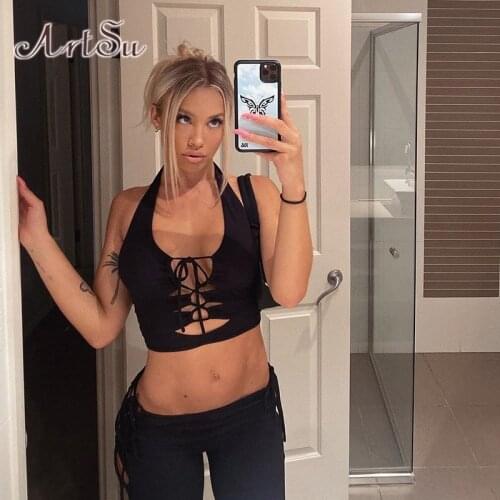 ArtSu Y2K Aesthetics Solid Hollow Out Halter Bandage Co-ord Set E-Girl Vintage Backless Tanks And Pants 2 Piece Suit SU52098