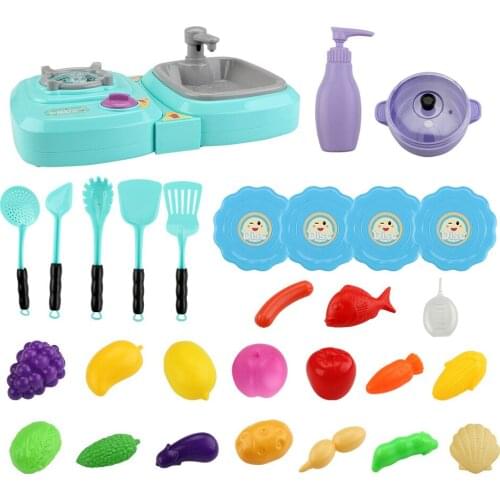 Kitchen Play Toy with music effects Colorful 29pcs kits Gas Stove Wash Sink Play pretend toy Early Educational Toys for Children