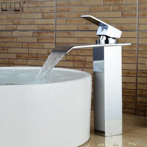 Vidric Square Tall Bathroom Faucet Deck Mounted Waterfall Hot Cold Water Crane Single Hole Chrome Single Handle Faucets ELF504