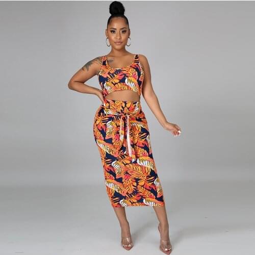 Leaves Print Summer Two Piece Dress Set Womens Costume Sleeveless Tank Tops and Tied Up Bodycon Maxi Skirt Body-shaping Outfit