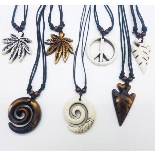 Cross Peace Sign Pendant Necklace Leaf Pendant Hand-carved Vintage Leather Resin Wax Rope Men and Women Pendant Birthday Gift