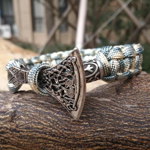 Viking Rune bead Paracord Bracelets Thor Mjolnir Hammer Amulet Rune Knot Scandinavian Bracelet Light Camo Beige Paracord