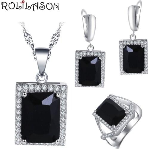 ROLILASON Engagement gift For girl Black Zircon Square Design silver plated Stamped Earrings Necklace Rings Jewelry Sets JS750
