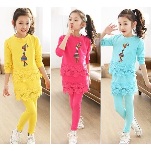 2-9 Years Girls Clothing Sets Spring Cartoon Little Girls Lace Long Sleeve Shirt + Pants 2Pcs Kids Suit Children Clothing Set