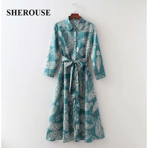 SHEROUSE 2021 Vintage Women Printed Shirt Dress with Sashes Lapel Long Sleeves Chic Lady Elegant Woman Midi Long Dresses Robe