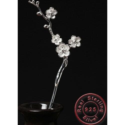 Amxiu Handmade Plum Flower Hairpins 925 Sterling Silver Hair Sticks Jewelry For Women Bridals Wedding Party Headwear Accessories