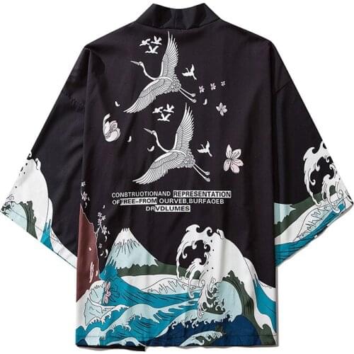 Japan Style robe Crane Printed Black Thin Kimono Men Japanese Streetwear Vintage Cardigan Jackets Casual Outerwear 2020 new