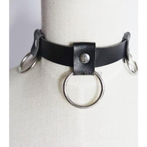 Harajuku Lolita Punk Goth Handmade 3 Hanging O Round Circle Leather Choker Fetish Collar Necklace