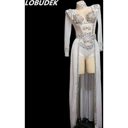 Women Singer Perspective Stage Outfit Sexy Fashion White Red Black Sequins Crystals Bra Bodysuit Tailing Set Nightclub Costume