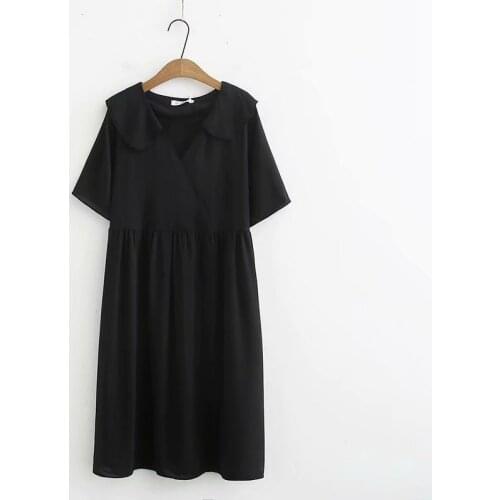 Plus Size Women V-Neck Solid Black Dress Short -Sleeved Summer Midi Dresses