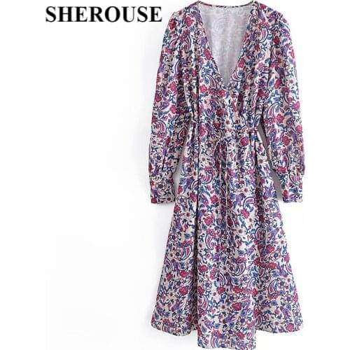 SHEROUSE Women Fashion Printed Elastic Waist Midi Dress Long Puff Sleeve V-Neck Vintage Female Dresses Woman Robe