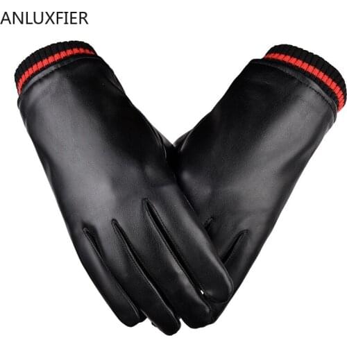 H10073 Winter Men Leather Black Gloves Warm Touch Screen Velvet Wind-proof Mittens Male Driving Cycling Cold-proof Hand Muff