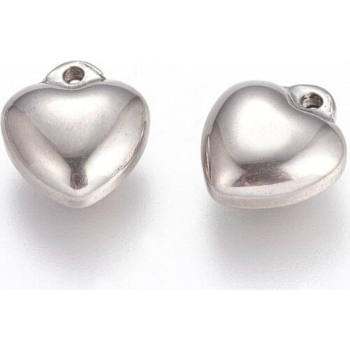 100pcs 304 Stainless Steel Charms pendants for necklace jewelry making, Heart, Stainless Steel Color, 11x10x6mm, Hole: 1mm