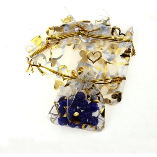 9*12cm 50pcs White Gold Heart Gift Bags For Jewelry/wedding/christmas/birthday Yarn Bag With Handles Packaging Organza Bags