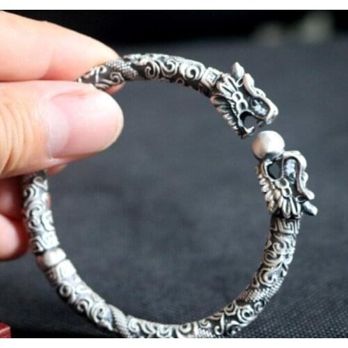 70g Solid 999 Sterling Silver dragon head ball Mens biker Bracelet cuff bangle