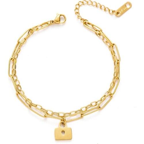 New Design Women Jewelry Lock Pendant Chains Padlock Bracelet Paperclip Double Chain Hand Delicate Stainless Steel Accessories