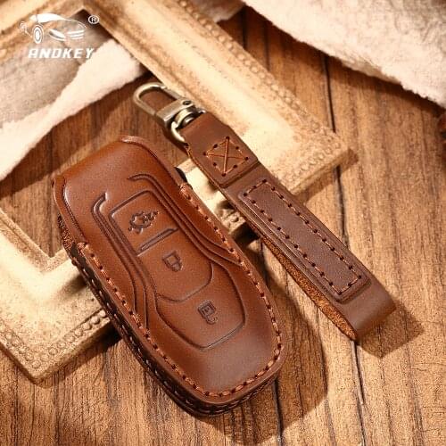 Dandkey Leather Car Key Case Cover Fob 3 Buttons Holder Chain For Ford F-150 250 350 Explorer Ranger KA Fiesta Mondeo Eco Sport