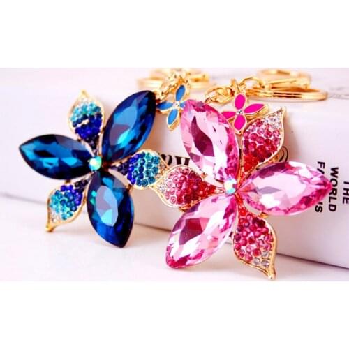 Korean-Style Creative Crystal Five-Leaf Flower Key Ring Womens Flower Key Ring Metal Pendant Small Gift