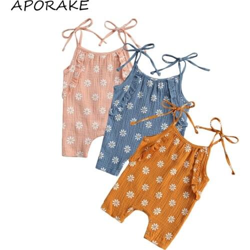 2021 0-18M Infant Baby Girl Romper Ruffle Sleeveless Bandage Floral Print Summer Jumpsuit Playsuit Loose Pants One Piece Outfit