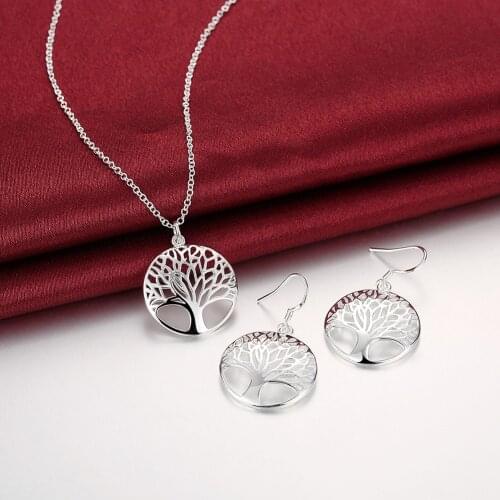 Wisdom Tree Necklace Earrings Set M925 Silver color Stamp Tree Life Necklace Pendant & Earrings Christmas Gifts Jewelry Set