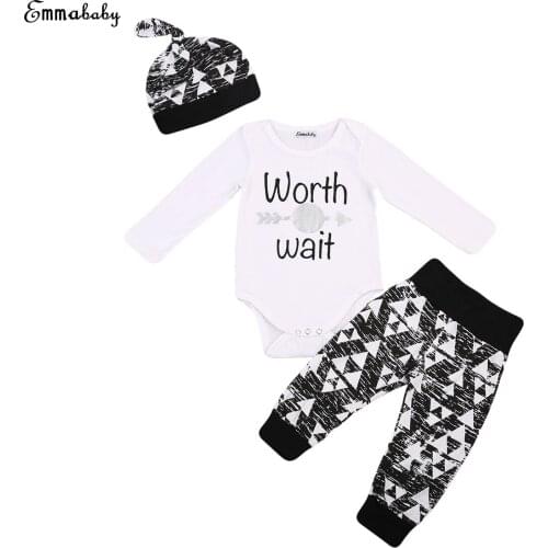 3PCS Newborn Babies Letter Clothing Set Baby Boys Cotton Bodysuit Top Long Pants Hat Outfits Clothes Sets 0-18M