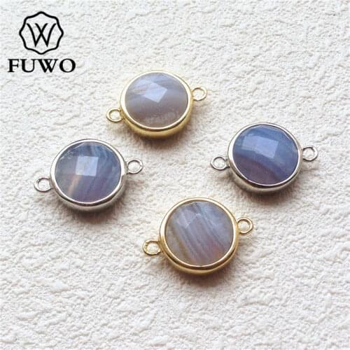 FUWO Natural Blue Onyx Connector With Brass Bezel Minimalist Design Raw Double Bails Gem Stone Pendant For Jewelry Making PD184