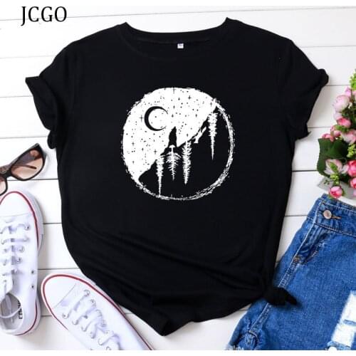 JCGO Summer T Shirt Women 100% Cotton Moon Forest Print Plus Size S-5XL tshirts O-Neck Short Sleeve Fashion Casual Lady Tee Tops