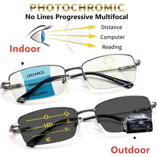 Hot Selling Progressive Multi-Focus Photochromic Reading Glasses Men And Women With Anti-blue light Metal Half frame Glasses