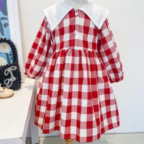 Sweet Girl Country Style Dress Spring Autumn Kids Korean Red White Grid Lapel Dresses 3-7 Years Children Casual Clothes vestidos