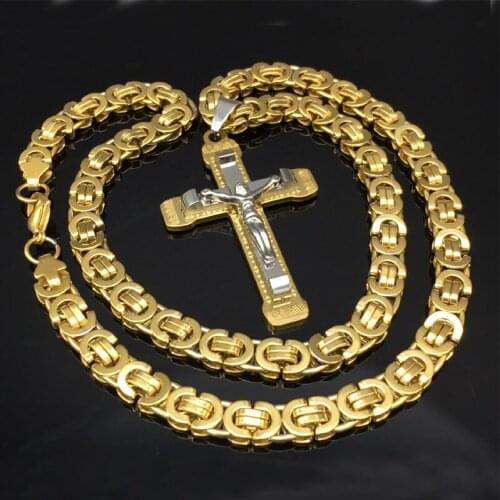 Fashion Jesus Stainless Steel Byzantine Chain Cross Gold tone Mens Necklace Pendant DIY Jewelry Making Findings Top Quality
