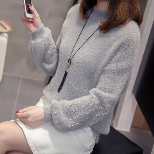 Fashion Imitation Mink Cashmere Autumn Winter Sweater Lady Loose Lantern Sleeve Solid Color Bottom With Thickened Nail Bead Hair
