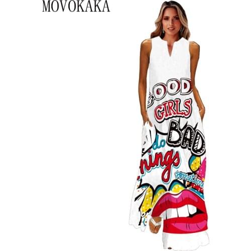 MOVOKAKA New White Long Dress Women 2021 Mouth Print Vintage Sleeveless Elegant Dress Casual Loose Vestidos Girls Dresses Summer