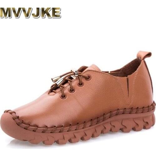 MVVJKE footwear Womens Handmade Shoes Genuine Leather Flats Lacing Mother Shoe Woman Loafers Soft Single Casual Shoes Women