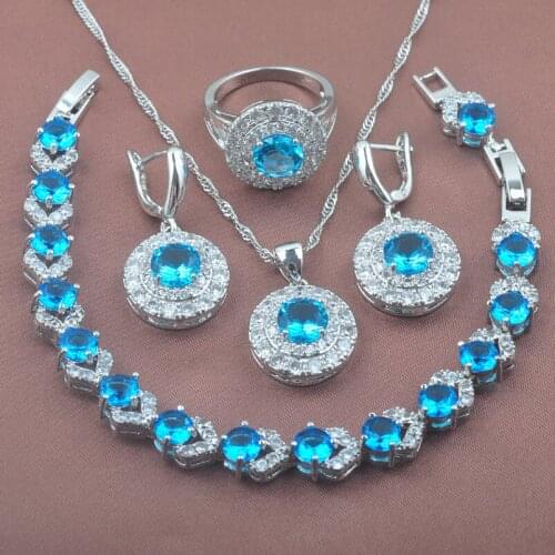2020 New Sky Blue Zircon Jewelry Sets Wedding Jewellery Bracelet Round Earring Pendant Necklaces Ring YZ0268