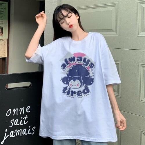 New Korean version of the T-shirt round neck loose large size cartoon letter printing mid-length short-sleeved T-shirt women