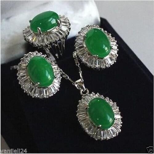 Jewelry 001150 Lovely Sets natural green pendant necklace Stud earring Ring